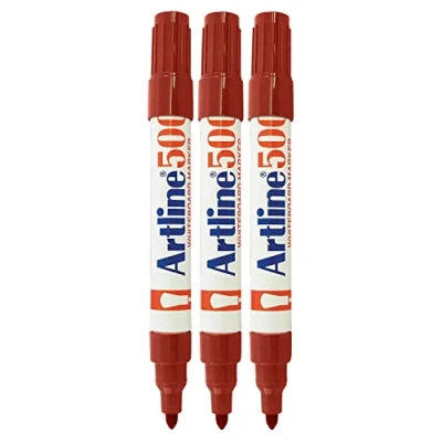 Image of artline 500 Whiteboard Marker Pens, RED, Bold Acrylic Point (2.0mm), Pack of 3, Metal Body, Dry Erase Easy Wipe, Refillable, School Office Everyday Use