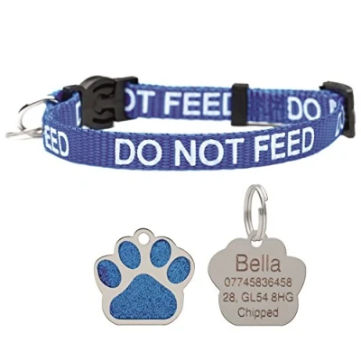Image of Cat Collar &quot;Do Not Feed&quot; with Bell, Quick Release, Engraved 27 mm Glitter ID Tag