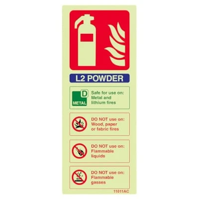 Image of V Safety Glow In The Dark L2 Powder Id Fire Extinguisher Sign 75mm x 200mm Rigid Plastic