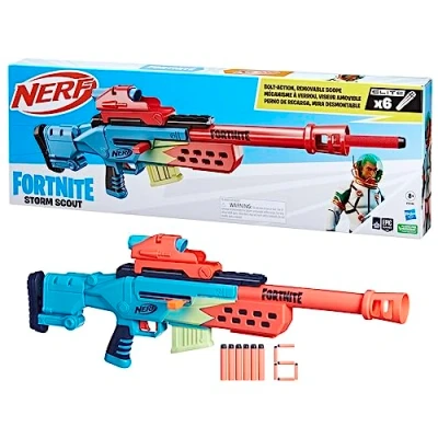 Image of Nerf Fortnite Storm Scout Blaster, Scope, 6 Dart Clip, Elite Darts, Bolt Action