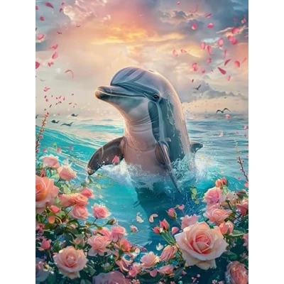 Image of Yeerum 5D Diamond Painting by Numbers Kits for Adults Dolphin Round Full Drill, DIY Art Animal Beginner Embroidery Cross Stitch Arts Crafts Home Decoration 30x40cm