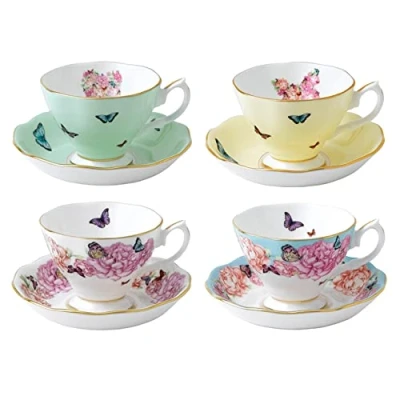 Image of Royal Albert Miranda Kerr 8 Piece Teacup and Saucer Gift Set Vintage Serving for 4, with Bone China Tea Cup Multicolour Butterfly &amp; Floral Pattern