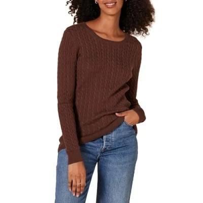 Image of Amazon Essentials Women&#039;s Lightweight Long Sleeved Cable Crewneck Sweater (Available in Plus Size), Dark Chestnut Brown Heather, 6XL