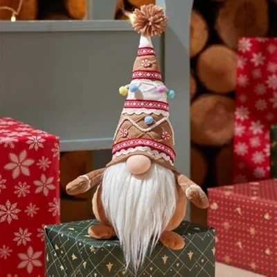 Image of Marco Paul Christmas 30cm Sitting Gingerbread Gonk Furry Fabric Soft Touch Plush Festive Indoor Ornament Novelty Nordic Xmas Home Decoration Winter Santa Figure Decorations