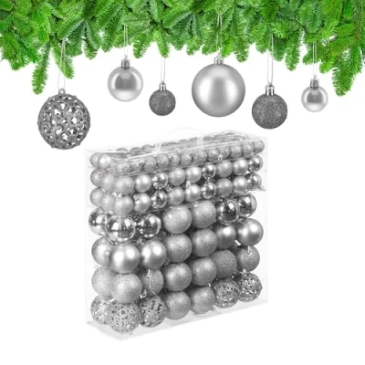 Image of Relaxdays Set of 150 Christmas Baubles, Glittering, Matt &amp; Shiny Surface, Tree Ornaments, Plastic, ∅ 3, 4 6 cm, Silver, 100%, 7 x cm
