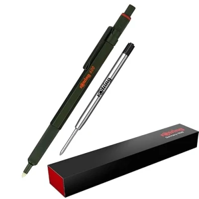 Image of rOtring 600 Ballpoint Pen Medium Point Black Ink Green Barrel Refillable + additional Refill BLK