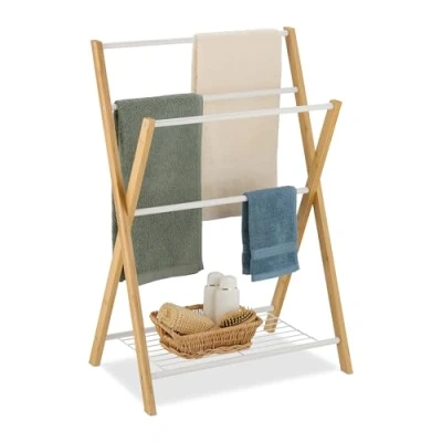 Image of Relaxdays Towel Rack, with 4 Rails and Shelf, 87 x 60.5 37.5 cm, Bathroom &amp; Shower Airer, Bamboo Iron, Natural/White