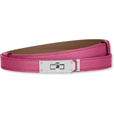 Image of baizhong Women Skinny Leather Belt Classic Solid Color Alloy Turn Lock Ladies Adjustable Slim Thin Waist （Rose/Silver）