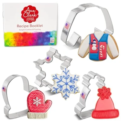 Image of Winter and Christmas Cookie Cutters 4 Pc Set Made in USA by Ann Clark, Snowflake, Sweater, Mitten, Hat