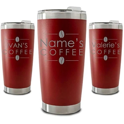Image of Personalised Engraved 500ml Red Travel Cup with Name&#039;s Coffee Design, Personalise Any Name