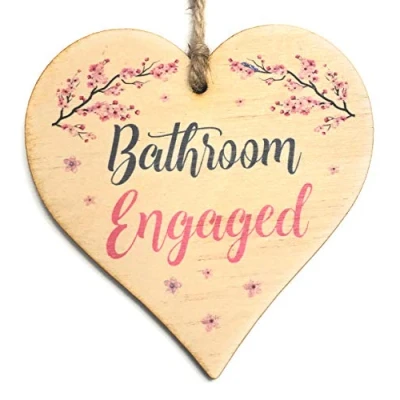 Image of Engaged Vacant Bathroom Door Sign Double Sided Wooden Heart Shaped Plaque Decorative Cherry Blossom Design by Maisie Moo Includes Hanging Twine