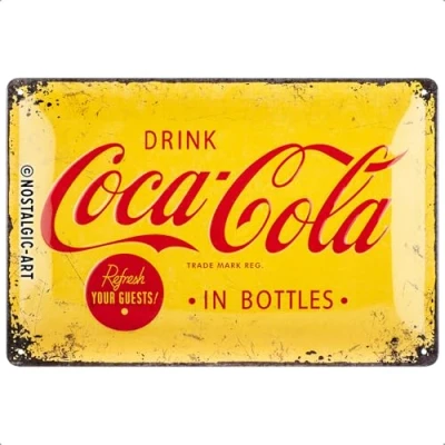 Image of Nostalgic Art Coca Cola Logo Yellow Gift idea for Coke fansRetro Tin SignMetal PlaqueVintage design wall decoration20 x 30 cm