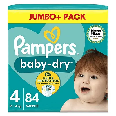 Image of Pampers Baby Dry Size 4, 84 Nappies, 9kg 14kg, Jumbo+ Pack