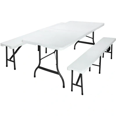 Image of CASARIA® Malmö 3Pc Garden Trestle Table &amp; Bench Set 180cm Foldable Outdoor Furniture Plastic Top w/Steel Frame Smooth Finish Picnics BBQ Parties Portable Lightweight White