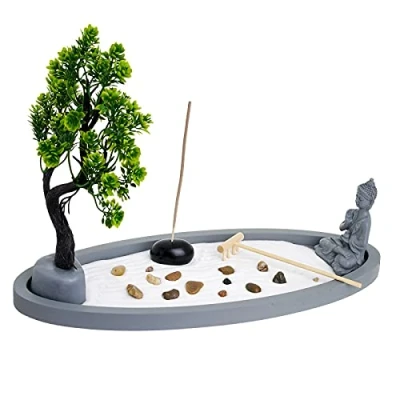 Image of London Boutique Zen Garden Thai Buddha Incense Holder White Sand Decorative Stones Wooden Shovel Oval Base