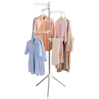 Image of BAOYOUNI Foldable Clothes Drying Rack Collapsible Tripod Coat Hanger Corner Garment Storage Shelf Stand Portable Laundry Organizer Indoor Outdoor with 5 Adjustable Arms Ivory