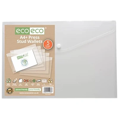 Image of eco A4+ 50% Recycled Clear Transparent Press Stud Popper Wallet, Plastic Folders (Pack of 5), eco033