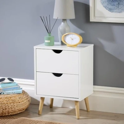 Image of Home Source Skara 2 Drawer Bedside Cabinet, Wooden Side Lamp Table Nightstand, Scandi Legs, White, Engineered Wood
