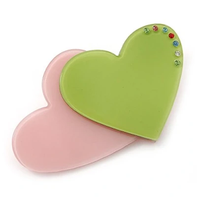 Image of Avalaya Baby Pink/Lime Green Austrian Crystal Double Heart Acrylic Brooch 70mm Across