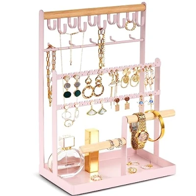 Image of ProCase Jewelry Organiser Stand Necklace Organizer Earring Holder, 6 Tier Holder with 15 Hooks, Tower Display Rack Storage Tree for Bracelets Earrings Rings Pink