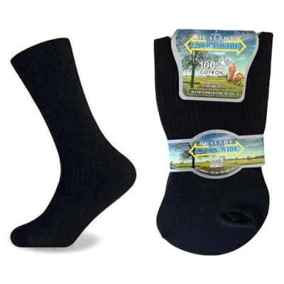 Image of 6/12 X Mens Black 100% Cotton Extra Wide Diabetic Multipack Soft Loose Top Socks Optimal Support Circulation Gentle Grip Swollen Feet Size 6 11 (6 11, Black)