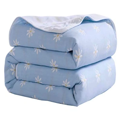 Image of Hayisugar Throws Blankets Fleece Double/Twin Size 100% Pure Cotton Super Soft Fluffy Bed Warm Blanket for Sofa Bedspread, Blue Daisies, 120 x 150cm