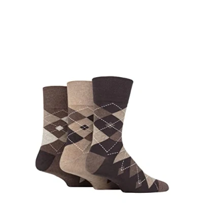 Image of Mens 3 Pair Gentle Grip Argyle Cotton Socks Brown / Natural 6 11