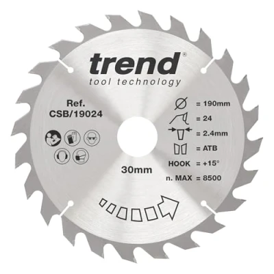 Image of Trend Wood Circular Saw Blade, 190mm Diameter, 30mm Bore, 24 Teeth, TCT, 2.6mm Kerf, +15 Hook, CSB/19024