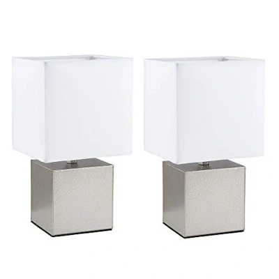 Image of Pair of Modern Brushed Chrome Cube Design Touch Dimmer Bedside Table Lamps with a White Fabric Light Shade