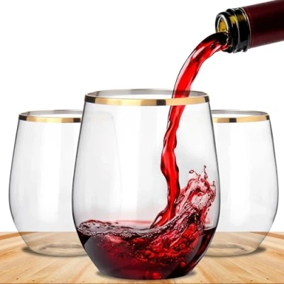Image of BEEPOP 12oz Vino Set of 12, Light Weight, Unbreakable, Recyclable &amp; Gold Rim BPA Free Plastic Stemless Wine Glasses