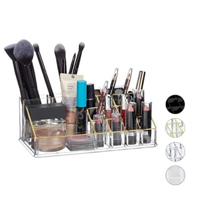 Image of Relaxdays Cosmetic Organiser, Makeup Kit for Lipstick, Nail Polish, Acrylic Jewellery Stand, Golden