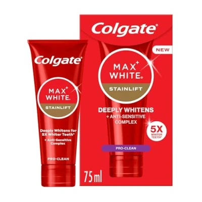 Image of Colgate Max White Stainlift Pro Clean Toothpaste 75Ml, 5X Whiter Teeth* in 3 Days, Sensitive Teeth Whitening Toothpaste, 24/7 Protection for and Enamel, Removes Deep Set Stains.