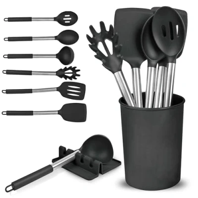 Image of Kitchen Utensils Set with Holder &amp; Drip Pad Silicone Cooking Utensil 8pc Spatula, Spoon, Spaghetti Server, Ladle Scratch Proof Non Stick Gadgets Tools