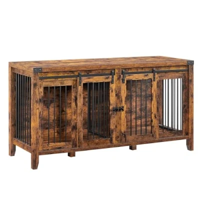 Image of Feandrea Large Dog Crate Furniture, Heavy Duty Cage for 1 or 2 Medium Dogs, with Divider, Sliding Doors, TV Stand, Rustic Brown PFC301X01