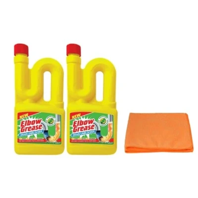 Image of 2X Elbow Grease Drain Unblocker (2X 750 ml) Effective For Sinks, Baths, Showers Stubborn Blockages with Ultra Absorbent Microfibre Cleaning Cloth