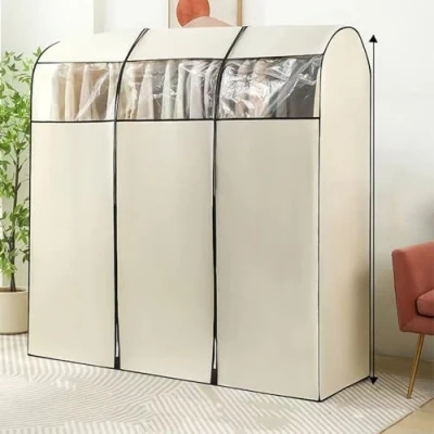 Image of WABMJGW Clothes Garment Rail Cover Dustproof,Zip Rack Breathable, with Clear Window,for Hanging Coat Racks,Beige 150x50x180cm