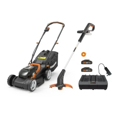 Image of WORX Twin Pack Cordless Lawnmower and String Grass Trimmer Combo Kit Set WG927E with PowerShare Battery Charger Efficient, Eco friendly, Adjustable Cutting Heights for Perfect Lawn Care