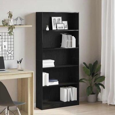 Image of vidaXL Black Oak Bookcase/Bookshelf 80x24x176 cm Engineered Wood, 5 Shelves Living Room/Office