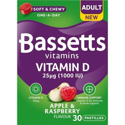 Image of Bassetts Vitamins Adult Apple and Raspberry Flavour Vitamin D 30 Gummy Pastilles
