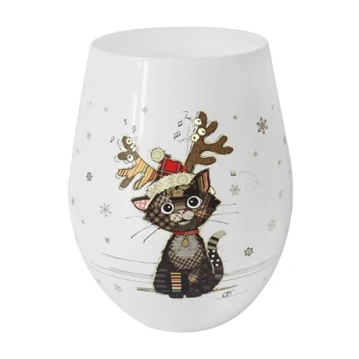Image of Lesser &amp; Pavey Christmas Stemless Wine Glasses Glass for Both Red White No Stem Kitten Antlers Perfect Xmas Bug Art