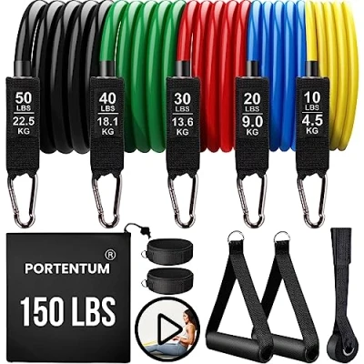 Image of PORTENTUM Resistance Bands Weight Building Kit 150 lbs 12 Elastic for Yoga Calisthenics Gym Crossfit TRX Pilates Home Muscle with Anklets and Door Grip