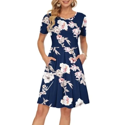 Image of AUSELILY Womens Summer Dress Casual Floral Bodycon Short Sleeve Pleated Loose Swing with Pockets Knee Length Sapphire Flower 2XL