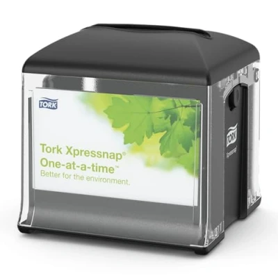 Image of Tork 272808 Xpressnap Snack Tabletop Napkin Dispenser / Paper Suitable for N10 Interfold Napkins Signature Design Black