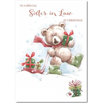 Image of doodlecards Sister in Law Christmas Card Cute Bear with Sled Medium Size for Plain Envelope