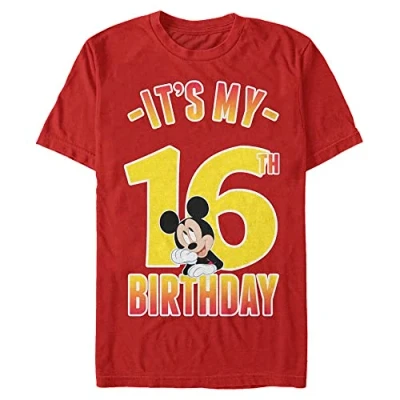 Image of Disney Mickey Classic Hiya Pal 16th Birthday Organic Short Sleeve T Shirt, red, XXL