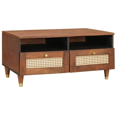 Image of vidaXL Coffee Tables with Drawer Shelf Storage Brown Cane and solid mango wood