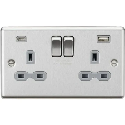 Image of KnightsBridge 13A 2G SP Raised Round Edge Switched Socket with Dual USB C+A Brushed Chrome, Grey Insert