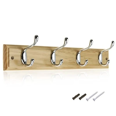 Image of keypak 4 Hook Wall Mounted Coat Rack, 45cm Pine Wood Effect Board, Polished Chrome Hooks Fixings Included