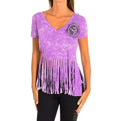 Image of Zumba Fitness Women&#039;s WT Top We Come in Pieces Slashed V Neck, Orchid, L