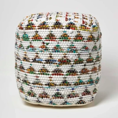 Image of HOMESCAPES White Multi Coloured Square Cube Beanbag Traditional Chindi Style with Polystyrene Ball Filling 40 x cm